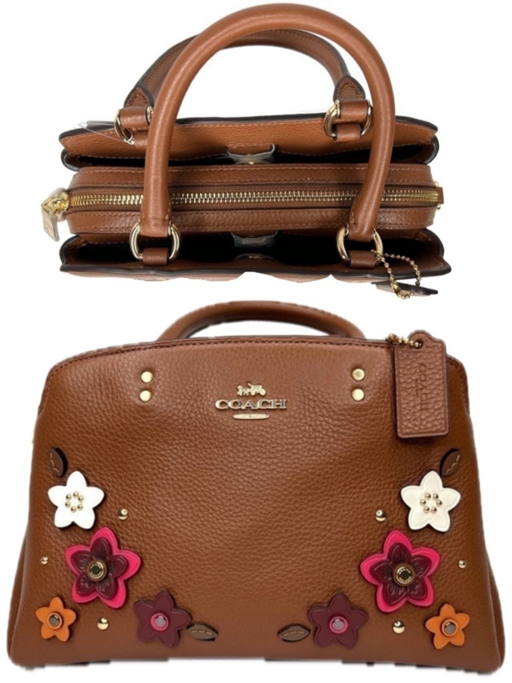 Coach Lillie Flower Floral Appliqué Rivet Brown Leather Crossbody Bag 2849 NWT